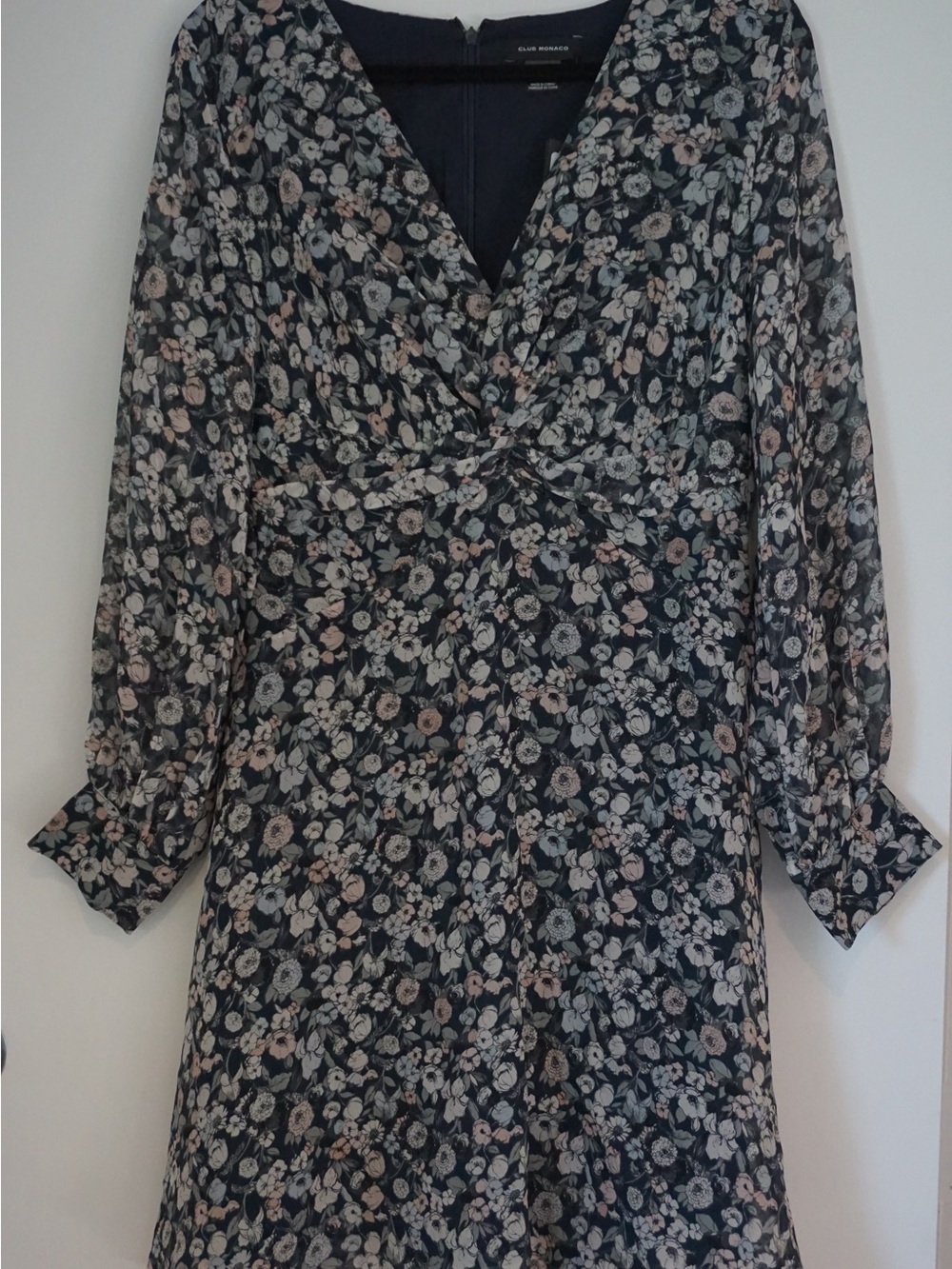 Club Monaco Navy Floral Twist-Front Long Sleeve Dress
